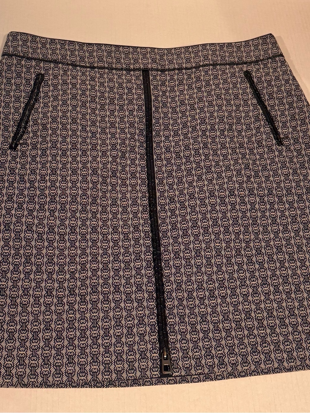 Tory Burch Navy and White Jacquard Mini Skirt with Front Zip